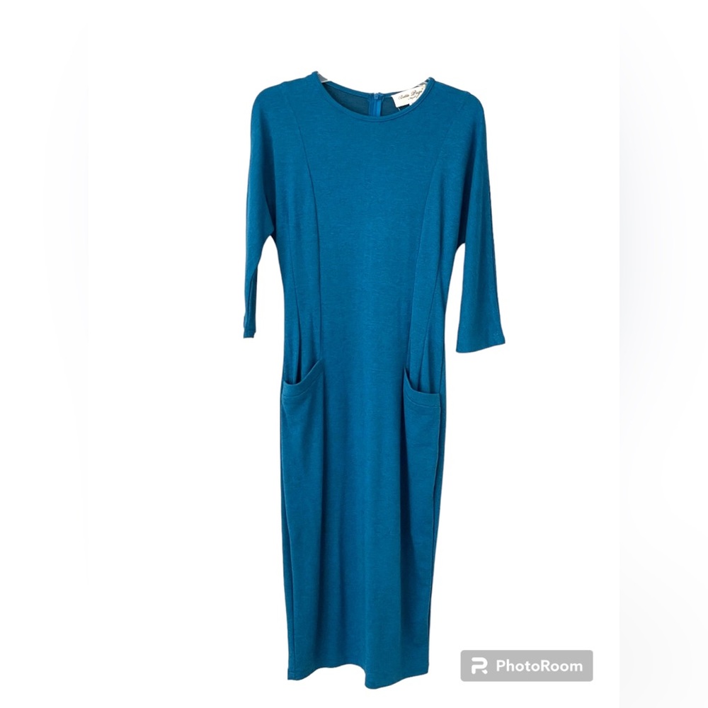 Rare “glowing” Bettie Page pinup midi sheath dress sparkly turquoise blue